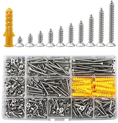 Viti autofilettanti a testa piatta M4,380 pezzi Viti per legno a croce a testa svasata in metallo, Kit assortimento di tasselli, in acciaio inossidabile(8/10/12/14/16/18/20/25/30/35mm)(Argento)