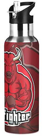 Vnurnrn Bullfighter Red Cow Animal Insulated Water Bottle with Straw Sport Stainless Steel Vacuum Flask BPA Free Travel Mug