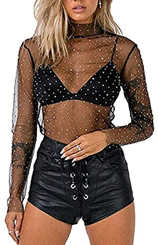 Women Sexy Sheer Mesh See-Through Tops Y2k Long Sleeve Turtleneck Sparkle Tee Blouse Tops Clubwear (A-Black, Large)