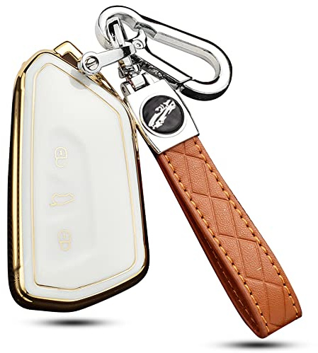 ontto Coque de clé de voiture avec porte-clés pour VW Golf 8 R GTI ID.3 ID.4 ID.6X Seat Leon MK4 Skoda Octavia Enyaq 2020-2022 - 3 boutons - Beige