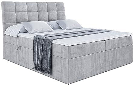 ALTDECOR Boxspringbett mit H3-Matratze (20 cm hoch) mit Bonellfederung + PUR, Topper (4 cm hoch), Polsterbett mit Kopfteil und Bettkasten 140x200 - Grau Monolith 84