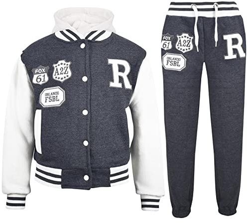 A2Z 4 Kids Unisex Girls Boys Baseball Tracksuit R Fashion FOX Hoodie With Joggers B.B Contrast Jacket Varsity Style Coat Long Sleeves Sweatpants Sports Activewear Set Childrens Age 2-13 Years