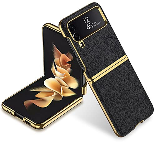 COQUE Galaxy Z Flip 4,Étui de téléphone Portable incurvée en Cuir uni galvanisé,Housse de téléphone Pliable pour Samsung Galaxy Z Flip 4 5G-Le Noir