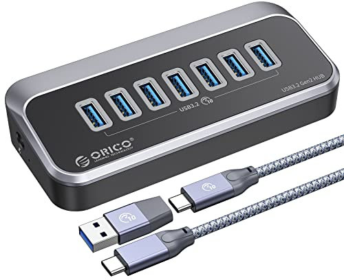 USB 3.2 Hub, ORICO 7 Port USB 3.2 Gen 2 Hub, 10Gbps, ABS USB Splitter mit 0.5 M Datenkabel, USB Verteiler für Mac Pro/Mini, PC, Festplatte, Disk