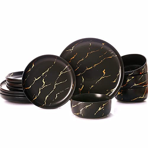 Pokini Black Gold Splash Dinnerware Sets, Marble Porcelain Plates and Bowls Sets, Modern Luxury Dish Set for 4, 12 Pieces Fine China Plates Set for Formal Dinners and Anniversaries