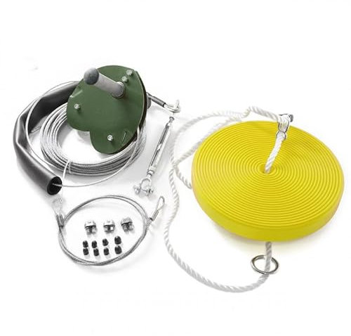 4IQ Seil Bahn Outdoor Garten Kinder 35 Meter - Zipline Seilrutsche für Kinder Seil Bahn - Seilrutsche für den Garten mit Sitzplatz Seilbahn Grün Gelb