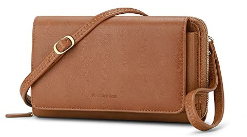 Peacocktion Damen Umhängetasche, Kleine Crossbody Taschen Schultertasche, Handgelenkstaschen Geldbörse mit Crossbody und Handgelenk 2 Riemen, Handytasche zum Umhängen mit RFID Kartenhalter, 01-Braun