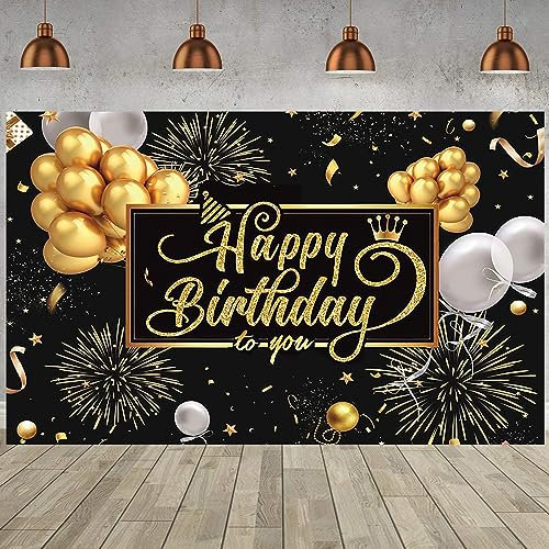 3x2.4m Toile de Fond Anniversaire Noir et Or Happy Birthday Sign Balloon Fireworks Poster Fond Photographique Birthday Party Indoor Outdoor Decorations Banner Photo Booth Props