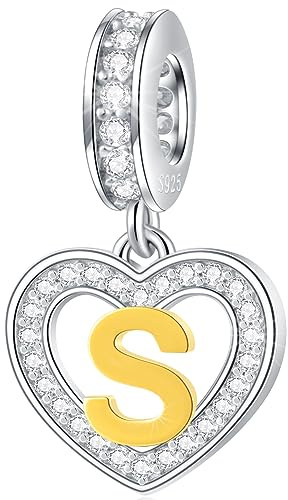 18k Placcato Oro Lettera Charms Iniziale A a Z Collana Ciondolo, 925 Argento Sterling CZ Cuore Ciondoli Alfabeto Perline Fit Europeo Braccialetto fai da te, Regali per San Valentino/Natale/Famiglia