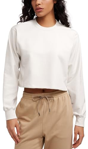 CRZ YOGA Donna Felpe Girocollo Foderate in Pile Camicie a Maniche Lunghe Orlo a Vivo Allenamento Casual Tops Latte Bianco 44