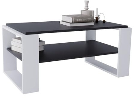 CraftPAK Wohnzimmer Tisch für Couch aus hochwertigem Holz, Stabiler & moderner Couchtisch mit zusätzlicher Ablagefläche, Model Kaja 96, Farbe Schwarz-Weiß