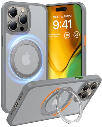 TORRAS Ostand R Series iPhone 15 Pro Max Case Shockproof with Stand [Military-Grade Protection] [360° Rotatable Magnetic Ring] Slim Phone Case for iPhone 15 Pro Max Cover Gray