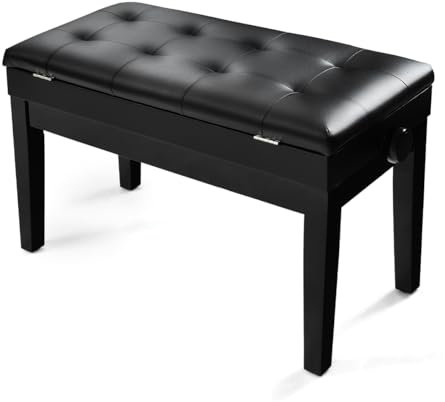 GYMAX Piano Bench, PU Leather Piano Stool with Adjustable Height, Storage and Padded Cushion, Wooden Double Duet Keyboard Stool for Kids Adults