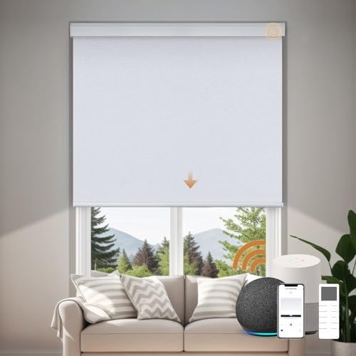 JOYENG Motorized Blinds Blackout Shades Automatic Shades Remote Control Cordless Room Darkening Smart Window Blinds Custom Size (Elegant White)
