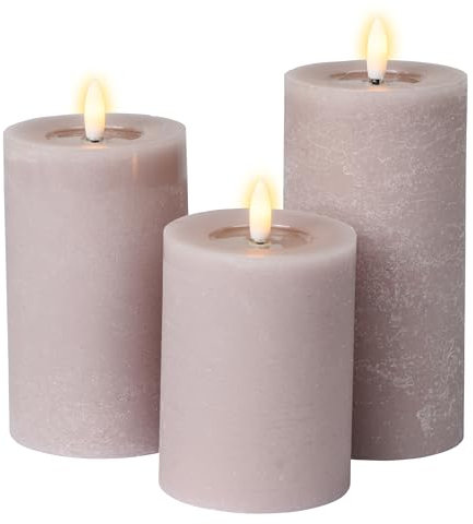 Meisterhome® 3er-Set Flammenlose LED Kerzen - Matera-Beige - Rustik Design Stumpenkerze - mit Fernbedienung – mit Timer - Batteriebetrieben – Warmweiß - 10/12,5/15 cm hoch - mit flackernder Flamme