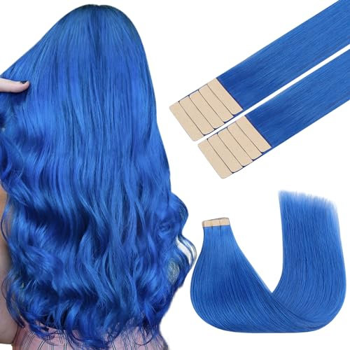 GOO GOO Tape in Hair Extensions Echthaar, Blue 10pcs 25g 45cm, Farbige Tape ins Echthaar Extensions, Silky&Soft Invisible Tape Ins, Straight Remy Hair Highlighted for Party