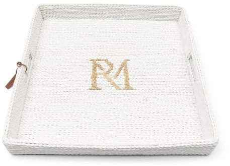 Riviera Maison Tablett quadratisch Weiß Rattan mit Griffen dekoratives Tablett, Handgeflochten - RM Monogram Tray - (LxBxH) 50x50x7.5