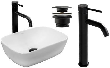 GTM Design Aufzatzwaschbecken mit Armatur - Waschbecken mit Hahn - Waschbeckenarmatur Schwarz - Aufzatzwaschbecken Rechteckiges - Waschbecken Weiß Glanz - Aufsatzwaschbecken mit Armatur komplett Set