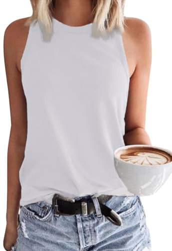 Tanmolo Camiseta sin mangas para mujer, sin mangas, camiseta de tirantes de verano, cuello de pico, blusa para playa, sexy, blusa, Blanco-xg211, M