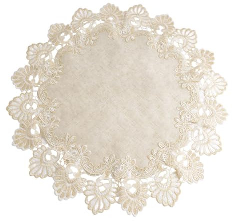 URROMA Runde Tischdecke aus Leinen, mit Spitzenbesatz, Couchtischdekoration (weiß)