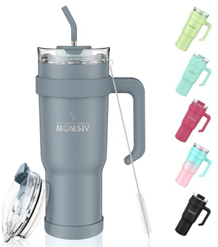 MOMSIV Gobelet de 1100 ml avec poignée et paille, grande capacité de 1 100 ml en acier inoxydable, étanche, isotherme à double paroi sous vide, tasse de voyage pour boissons chaudes et glacées, gris