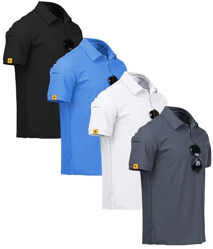 ZITY 4 Pack Mens Polo Shirt Short Sleeve Sports Golf Tennis T-Shirt Athletic Collared Tactical Shirts, Black Gray Light Blue White, Large