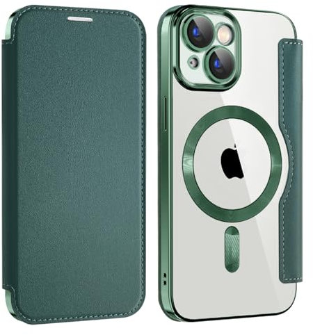 Unichthy Flip Case for iPhone 14 Clear Cover Support MagSafe |RFID Blocking| Wallet Purse Shockproof Leather Stand Cover Individual Protection for Each Lens Phone Skin for iPhone 14 Green