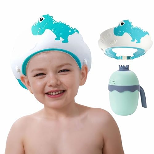 MOSIERRY Baby Shower Cap for Kids with Bath Jug, Adjustable Toddler Hair Washing Shield Baby Bath Visor Shampoo Hat for Toddlers 1-9 Years, Blue