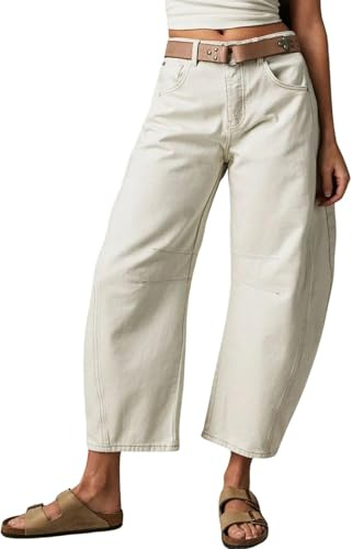 Stretchiga barrel-jeans för kvinnor, medelhög midja, vintage, lös passform, vida ben, croppade denimbxor, Y2K, baggy boyfriend-jeans , Elfenben, M