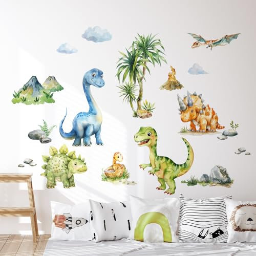 Tanlaby Wandtattoo Dinosaurier Wandaufkleber Dschungel Dino Palme Baum Wandsticker Aquarell Dino Wanddeko Sticker für Jungen Babyzimmer Kinderzimmer Spielzimmer