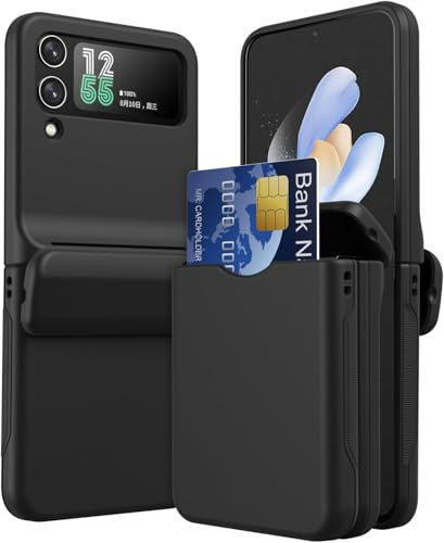 Amulent Case For Galaxy Z Flip 4 Cover with Card Holder – Shockproof Slim Protective Phone Cover with Hinge Protection, Wallet Slot, Hard Shell, Non-Slip Grip for Samsung Galaxy Z Flip 4 (2022) Black