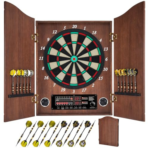 Yirinatek Dartscheibe Elektronisch, Dekoratives Elektronische Dartscheibe Schrank-Set [12 Bronze Soft-Tip Pfeile][Cricket-Spielmodus], Profi E Dart Scheibe mit Holzschranktüren (Kaffee)
