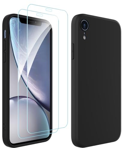 Ruayia Coque pour iPhone XR avec 2 Pièces Protection Écran en Verre Trempé, Housse en Silicone Liquide, Étui Fine Mince Slim, Case Antichoc Souple pour iPhone XR- 6,1 Pouces-Noir