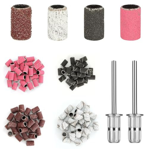 Sheryl&Rain 120 Sanding Bands for Nail Drill, Nail Drill Bits Sanding Bands with 2 Bits, Colorful Fine NailSanding Bands, 80/120/180/240# Grit Nails File SandingBands for Manicures Pedicures