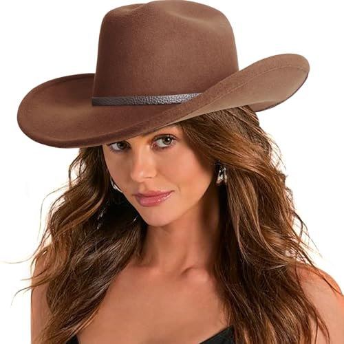 DRESHOW Cowboyhut für Damen & Herren Viehzüchter Western Filzhut Cowgirlhut mit Formbarer Breite Krempe und Schnallengürtel Unisex Aufrollbare Krempe Hut