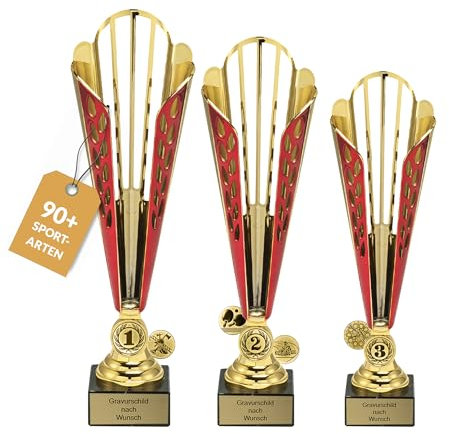 pokal-fabrik.de - Pokale 3er Set groß mit Gravur Wunschtext in Gold/rot in 3 Größen - personalisierte Auszeichnung & Sportemblem nach Wahl - inkl. Marmorsockel - Geschenk-Trophäe | Pokal Kinder