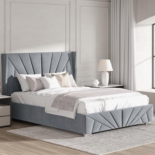 Blisswood Double Ottoman Bed Frame – Upholstered 4ft6 Storage Bed with Headboard, Gas Lift-Up Wooden Slats Base, Large Space-Saving Design for Bedroom or Guest Room (135x190cm Grey_Mattress Included)