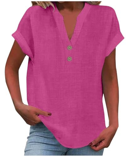 Onsoyours Camicia Donna Estiva Manica Corta Camicetta in Lino Cotone Elegante Blusa Maglietta Scollo a V Top Tshirt con Bottoni A Fucsia M