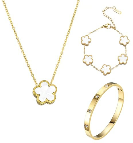 GWAWG 3 Piece Four Leaf Jewellery Set, 18K Gold-Plated Bangle, 18K Gold-Plated Pendant Necklace, Cubic Zirconia Bracelet Women's, Gift for Women Girls