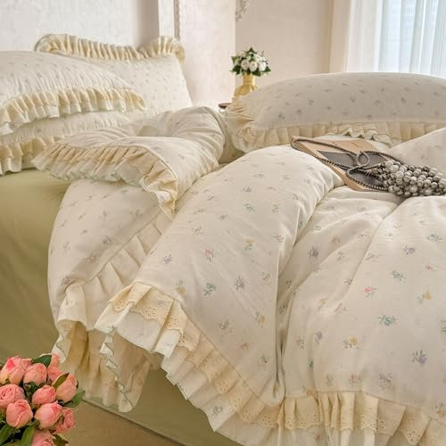 GETIYA Elegant Bunt Blumen Bettwäsche 135x200 Mädchen Damen Bettbezug mit Rüschen Bettwäsche Baumwolle Doppelgarn Weiß Beige Deckenbezug Baumwollgarn mit 1 Reißverschluss Kissenbezug 80x80