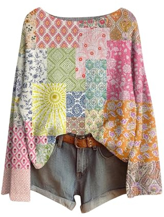 Damen Boho Strickpullover mit Blumenmuster – Off-Shoulder & Ethno-Details, Vielfältige Farbauswahl