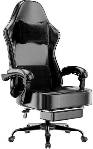 HOTOSYCH Silla Gaming con Muelles Ensacados y Reposapiés, Silla Gamer Transpirable de Cuero PU, Silla de Oficina con Reposacabezas y Soporte Lumbar Ajustables (Cuero sintético, Negro)