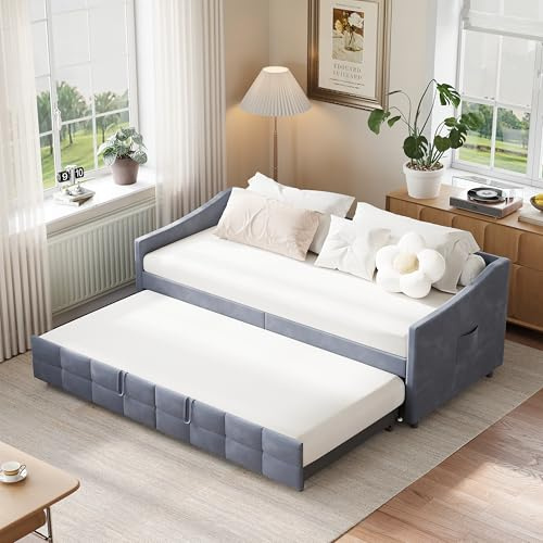 HFASD Schlafsofa 90x200 cm, Tagesbett Ausziehbar Mit Ausziehfunktion, Schlafcouch Mit Seitentaschen, Gestepptes Design, Ausziehbett Daybett Gästebett Jugendbett mit Lattenrost, Samt, Ohne Matratze
