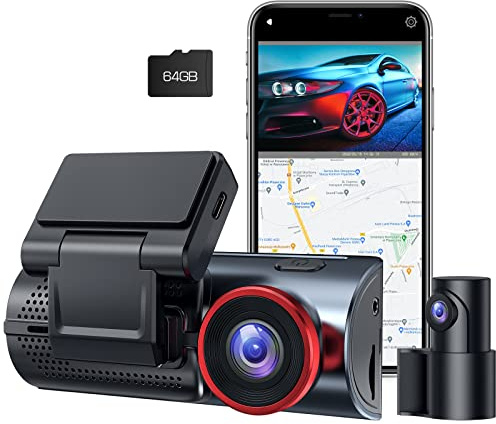 LAMTTO Dashcam Auto Vorne Hinten 4K+1080P, WiFi Dash Cam mit 64GB SD Karte, Dual Auto Kamera mit GPS, Nachtsicht, Bewegungserkennung, G-Sensor, 24/7 Parküberwachung, Loop-Aufnahme, APP Steuerung