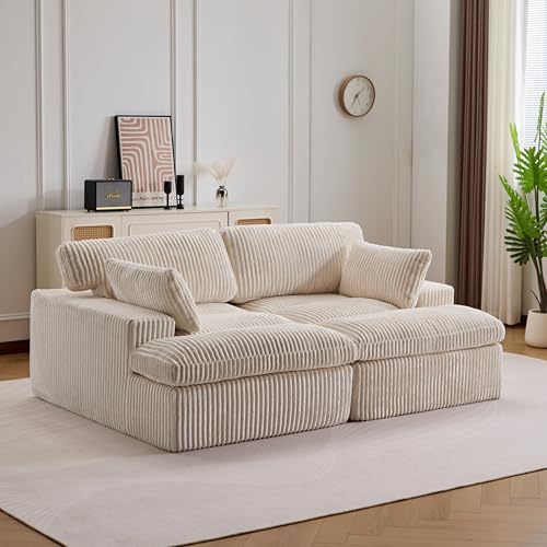 EINHOM 2 Sitzer Sofa mit Schlaffunktion, Couch mit Armlehnen, Polstersofa dick mit Cordbezug, Kombinierbares Sofa für Wohnzimmer/Schlafzimmer/Wohnung, 203.99x145x57 cm (Weiß)