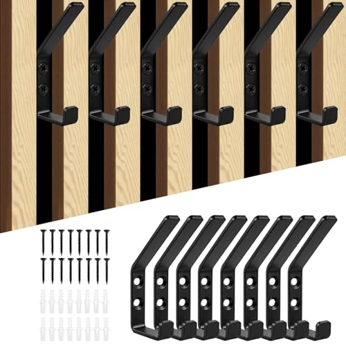 lompyeu 8 Stück Doppelter Garderobenhaken,Haken für Akustikpaneele,13mm | Kleiderhaken zum Schrauben, Schlafzimmer, Wohnzimmer, Badezimmer, Wandhaken für Garderobe, Jacken, Hut, Metall, Schwarz