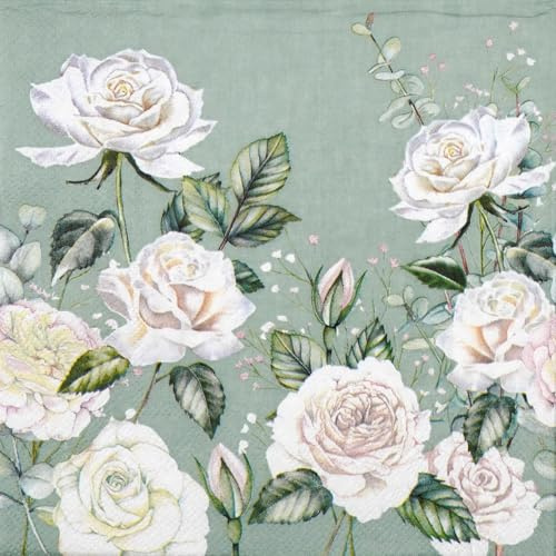 20 Servietten Blumen Weiße Rosen auf grün als Tischdeko. Papierservietten mit Motiv. Auch für Decoupage und Serviettentechnik 33x33cm
