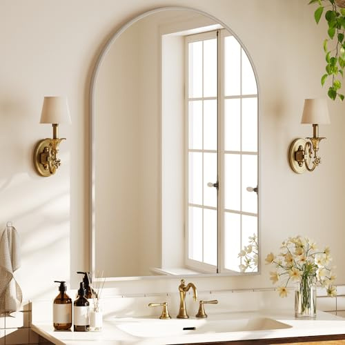 BEAUTYPEAK Bogen Wandspiegel mit Weiß, 91x61 cm Bruchsichere Bad Spiegel | Wand montierbar und zuverlässige Wandspiegel, Kleiner Spiegel mit Aluminiumlegierung Rahmen, Kosmetikspiegel für Schlafzimmer