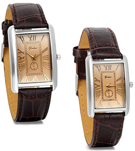JewelryWe Paar Armbanduhr, Retro Leder Analog Quarz Uhr mit römischen ziffern Zifferblatt, partneruhren Valentinstag Lieben Pärchen Geschenk,Braun