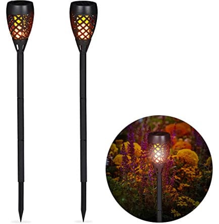 Relaxdays Gartenfackel Solar im 2er Set, Außenbeleuchtung für Garten, tanzende Flamme, mit Erdspießen, H: 78 cm, schwarz